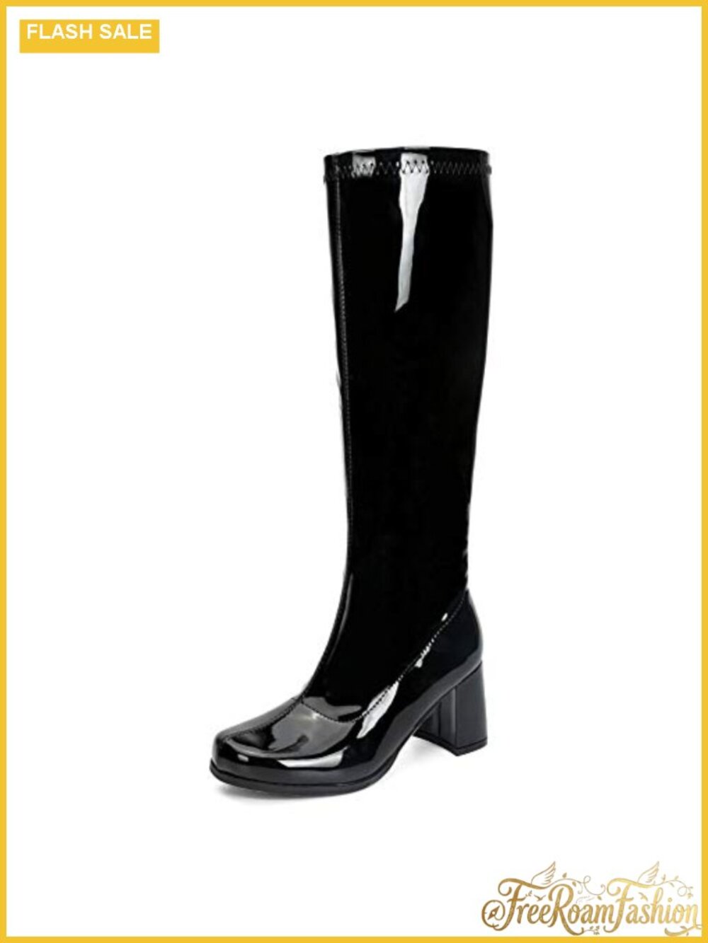 Women's Knee High Gogo Boots Block Heel Square Toe Faux Leather Side Zip